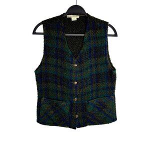 Smith & Hawken Womens Small 90% Wool Blue Green Plaid Vest Made in Ireland